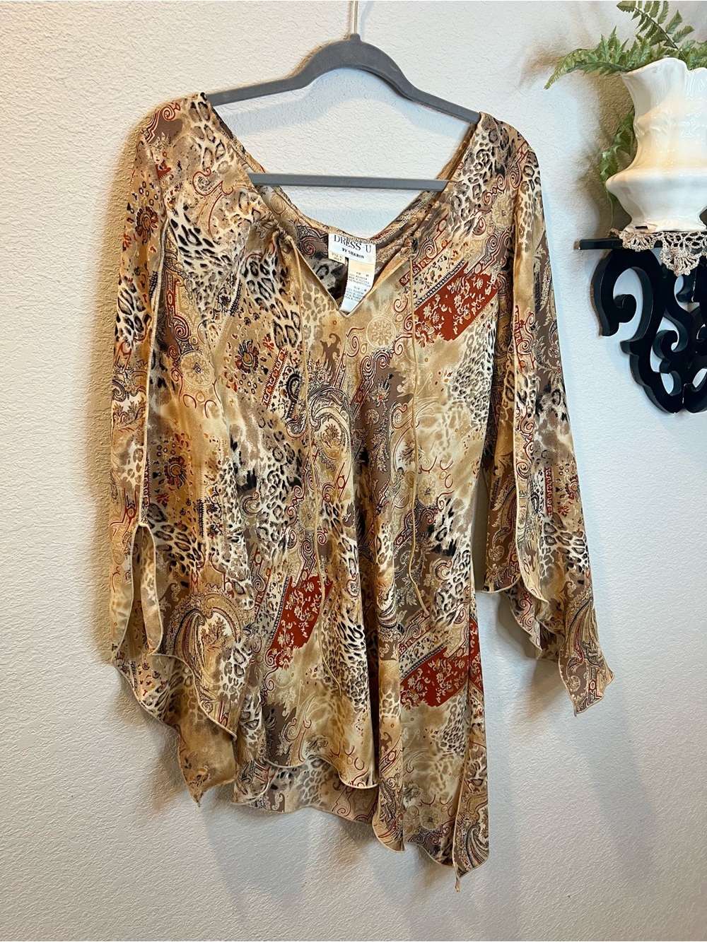 Dress-U By Sharon Tan‎ Y2K VTG Leopard Paisley Waterfall Asymmetrical Hem Blouse